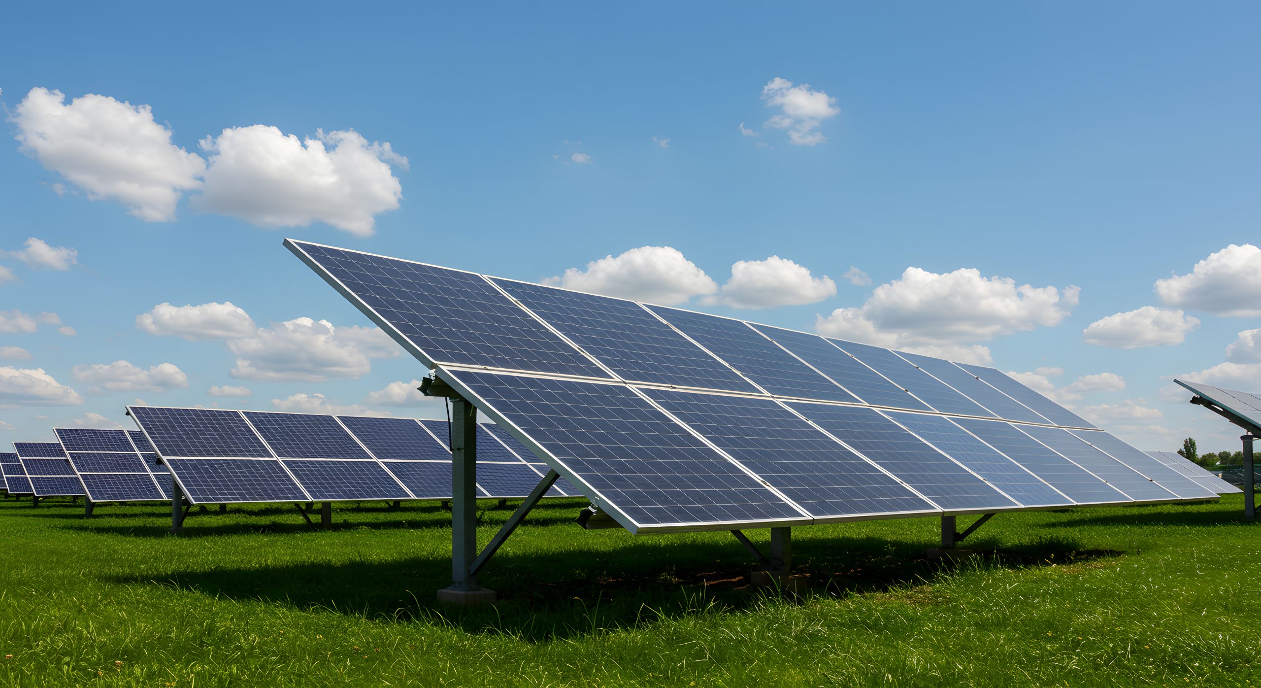Rows of solar panels in green field